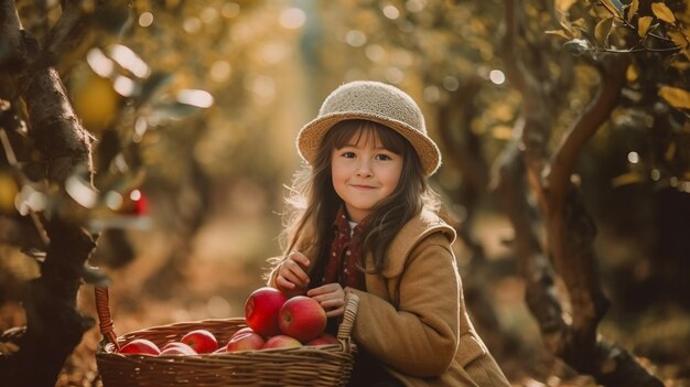 Klein schattig peutermeisje in vossenjas die appel eet, zittend op een appelheuvel Copy spa Generatieve AI