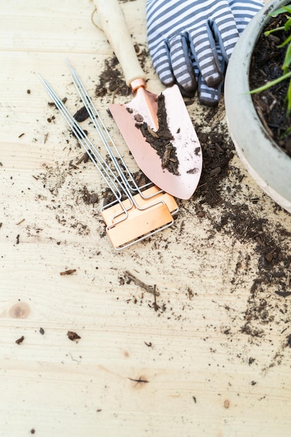 Klein tuingereedschap met wat gemorste grond op de houten tafel.