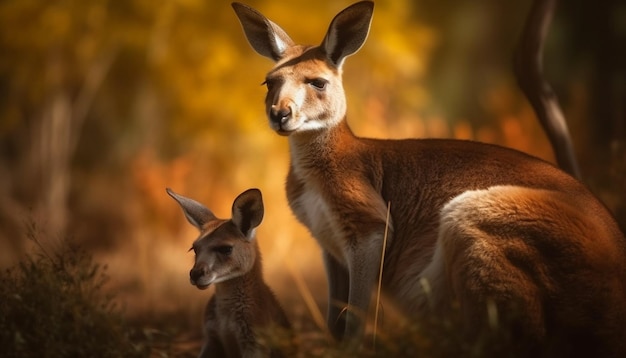 Klein wallaby schattig oor in zonsondergangfocus gegenereerd door AI