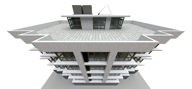 Klein wit-grijs condominium met lift en garage. 3D-rendering.