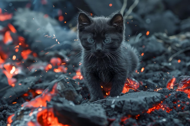 Klein zwart kitten staat op gloeiende as met een intense blik, een levendig contrast van vurige as