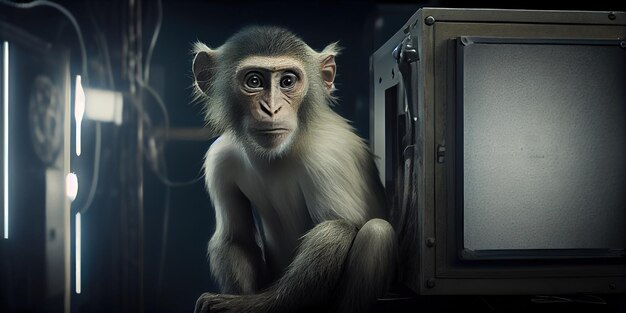 Kleine aap in een magazijn met computerapparatuur Aap close-up Generatieve AI