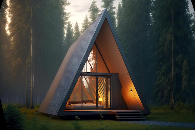 Kleine aframe cabine gemaakt van licht hout gelegen in de stee zone