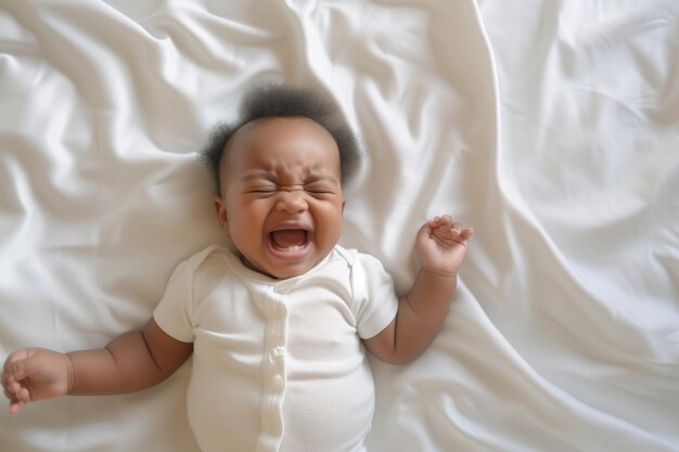 Kleine Afro-Amerikaanse baby huilt op een wit laken.