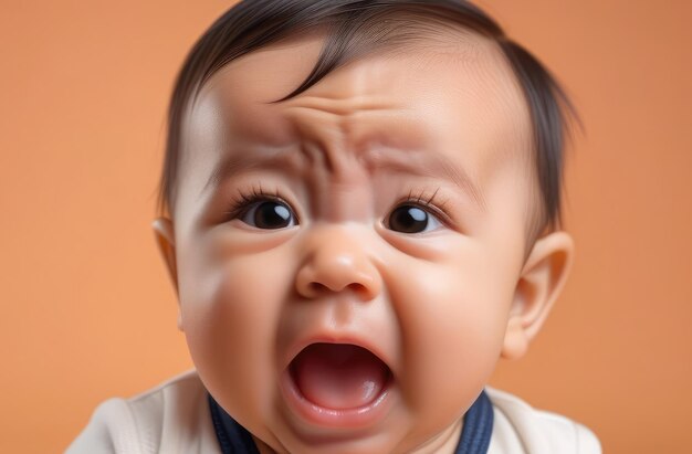kleine Aziatische peuter huilt luid op beige achtergrond close-up baby zorg
