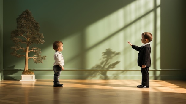 Kleine baas Twee kinderen jongens staan in een kamer met groene muur Genie baby jongen