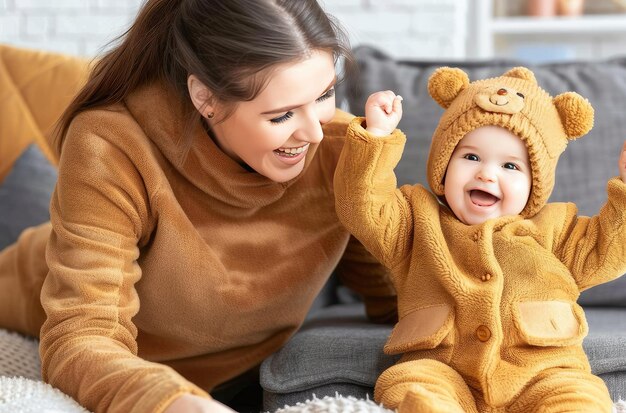 Foto kleine baby in teddybeer kostuum met moeder dag banner