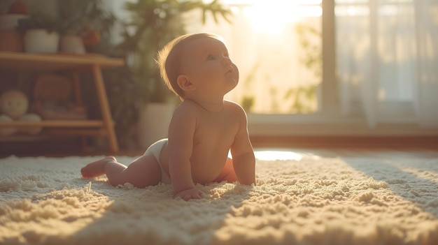 Kleine baby kruipt vreugdevol op de vloer binnen in het warme avondlicht