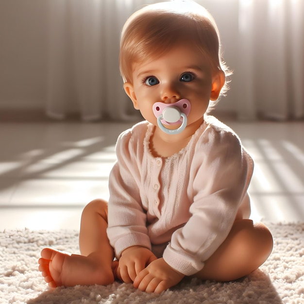 kleine baby met speen zit op tapijt in een lichte kamer