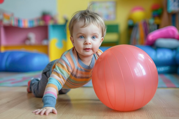 kleine baby speelt met een fitball in de sportschool