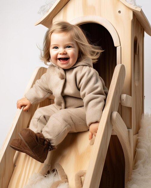 kleine baby zit op hout speelhuis houten glijbaan geïsoleerd witte achtergrond van een onschuldige schattig