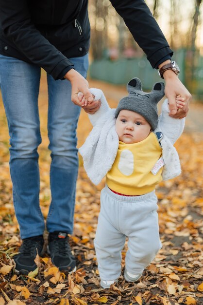 Kleine babyjongen leert eerste stappen te nemen met papa's handen