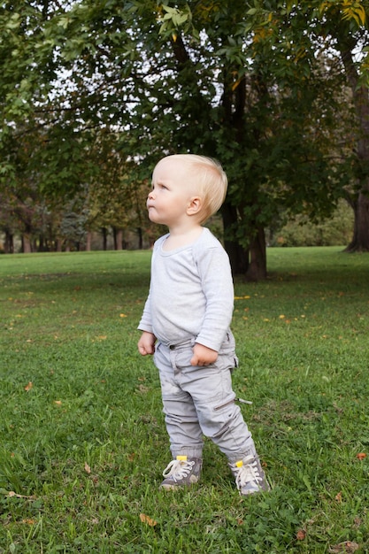 Kleine babyjongen wandelen in het park buiten