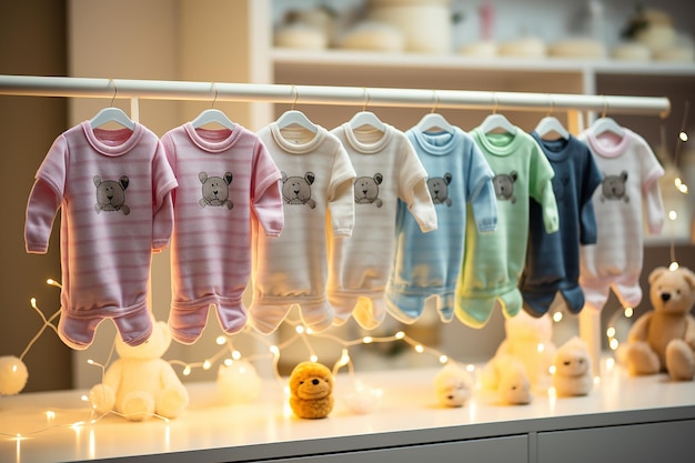 Foto kleine babykleertjes die op een rij hangen