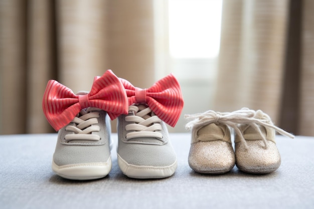 Kleine babyslofjes naast grote tienersneakers