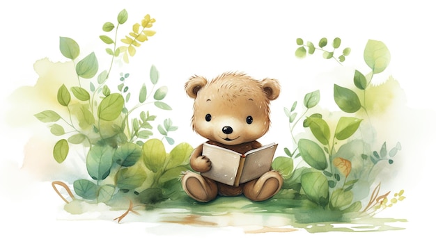 kleine beer die een boek leest met aquarel groene bladeren in het bos op witte achtergrond