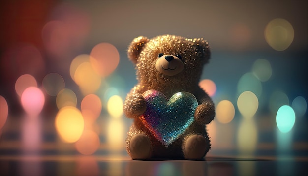 Kleine beer speelgoed houdt hart in poten op kleurrijke lens flare achtergrond schattige teddybeer