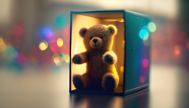 Kleine beer speelgoed in geschenkdoos op kleurrijke lens flare achtergrond aantrekkelijke miniatuur teddybeer