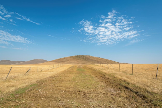 Kleine bergveld verdeeld door firewalls tegen blauwe lucht