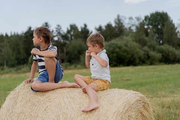Kleine blanke schattige jongens zitten op een hooizak in een veld in de zomer met stro in de mond