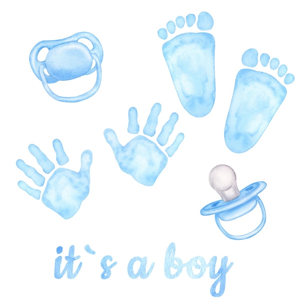 Kleine blauwe palm handafdruk voetafdruk Fopspeen dummy voor pasgeboren baby Het is een jongen Baby shower gender reveal feest Hand getekend aquarel illustratie geïsoleerd op witte achtergrond