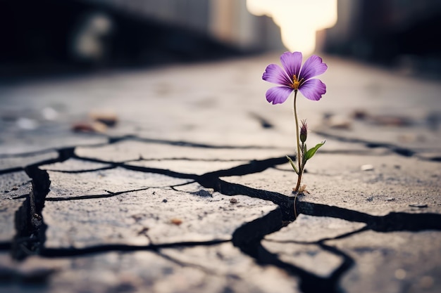 Foto kleine bloem groeit op een gebarsten straat.