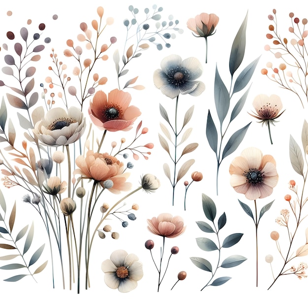 Kleine bloemen in botanische aquarel