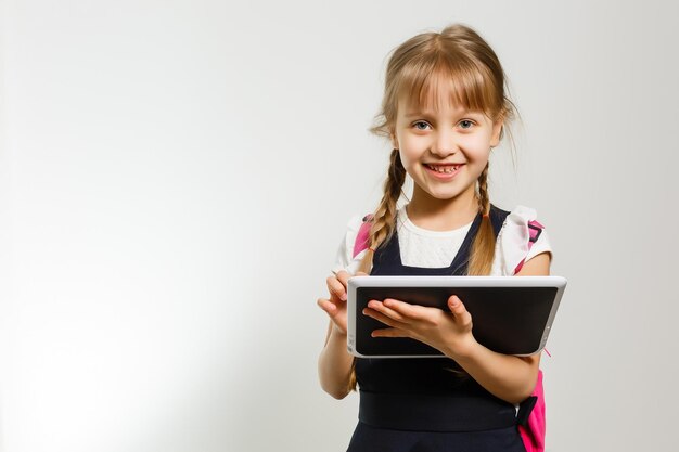 kleine blonde school meisje met rugzak tas portret geïsoleerd op een witte achtergrond