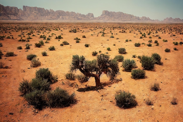 Kleine bomen groeien in het midden van droge gebarsten woestijn