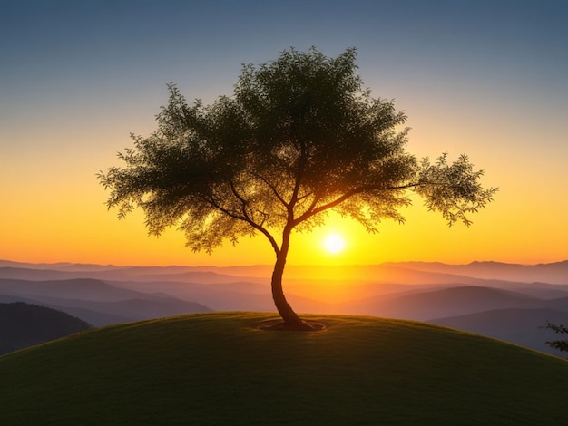 kleine boom die groeit met zonsopgang panorama