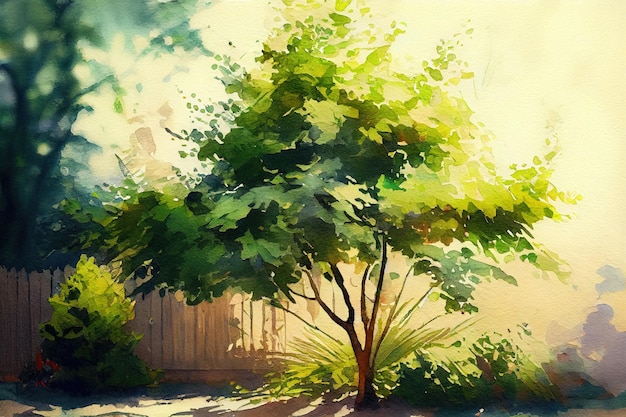 Kleine boom groeit met zonneschijn in tuin eco concept aquarel olieverfschilderij effect Generative Ai