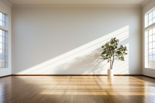 Kleine boom in witte vaas op houten vloer Generatieve AI