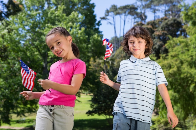 Kleine broers en zussen die Amerikaanse vlag golven