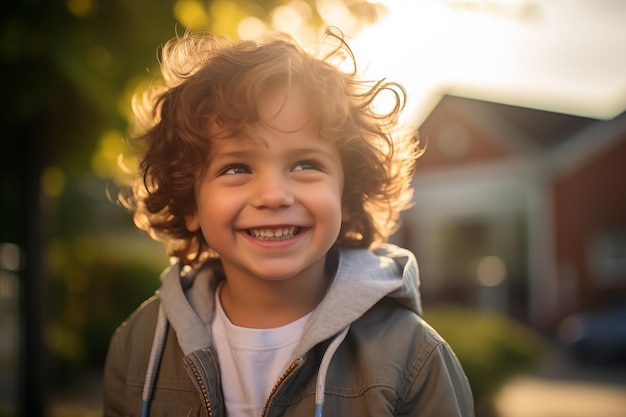 Kleine brunette jongen buiten.