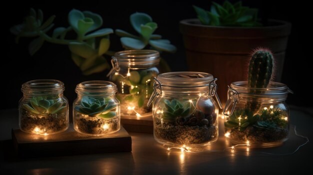 Kleine cactussen in kleine glazen potten verbeterd met feeën AI gegenereerd