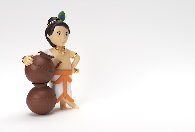 Kleine cartoon Krishna met een pot boter. 3D geef illustratie terug.