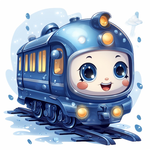 Kleine chibi-trein die in de winter rijdt met koplampen die het pad verlichten geïsoleerde mascotte