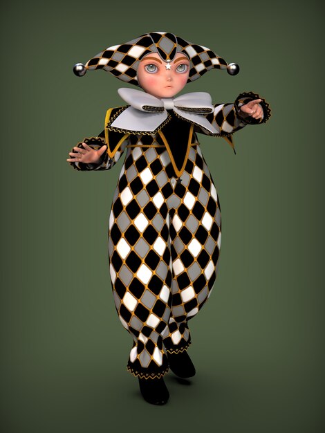 Kleine clown elf in een zwart-wit pak 3d illustratie