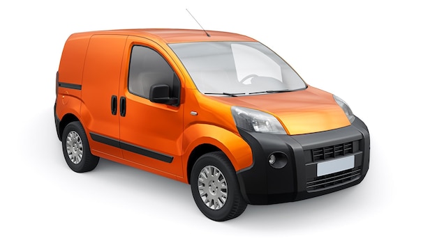 Kleine commerciële oranje bestelwagen op een witte achtergrond Koeriersbezorging van bestellingen 3D-rendering