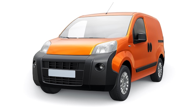 Kleine commerciële oranje bestelwagen op een witte achtergrond Koeriersbezorging van bestellingen 3D-rendering