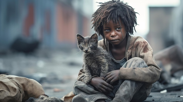 Kleine dakloze vuile en hongerige afro jongen met een kitten buiten close-up foto van hoge kwaliteit
