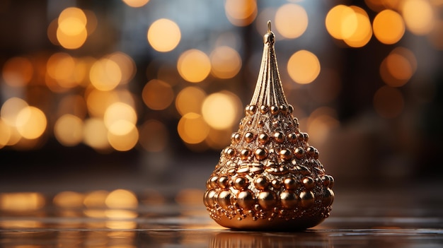 Kleine decoratieve glanzende kerstboom in close-up op een wazige achtergrond