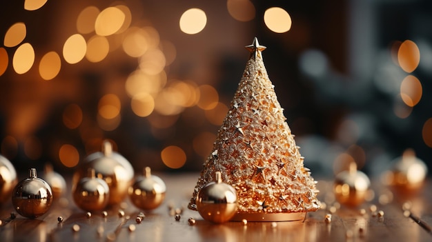 Kleine decoratieve glanzende kerstboom in close-up op een wazige achtergrond
