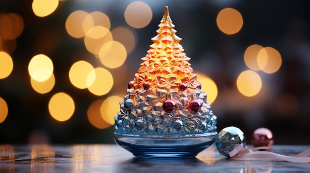 Kleine decoratieve glanzende kerstboom in close-up op een wazige achtergrond