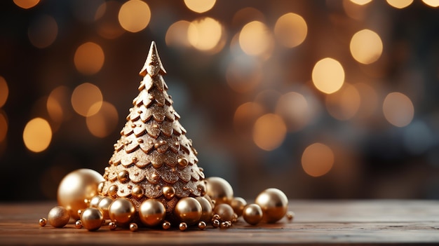 Kleine decoratieve glanzende kerstboom in close-up op een wazige achtergrond