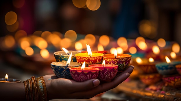 kleine diwali-lampjes in de hand gehouden met wazige achtergronden erachter 46