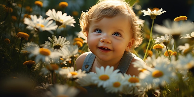 Kleine Duitse baby in een kamilleveld Foto van hoge kwaliteit Generatieve AI