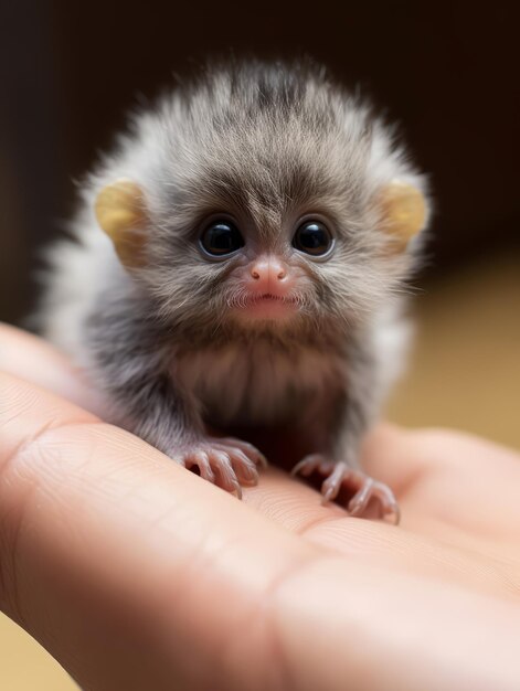 kleine eendje marmoset rust op de punt van iemands vinger