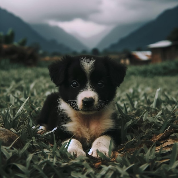 kleine en grappige border collie puppies familie in groen dennenbos op mos