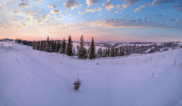 Kleine en rustige alpine dorp en winter zonsopgang besneeuwde bergen rond Voronenko Karpaten Oekraïne